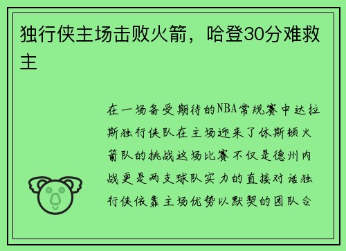 独行侠主场击败火箭，哈登30分难救主