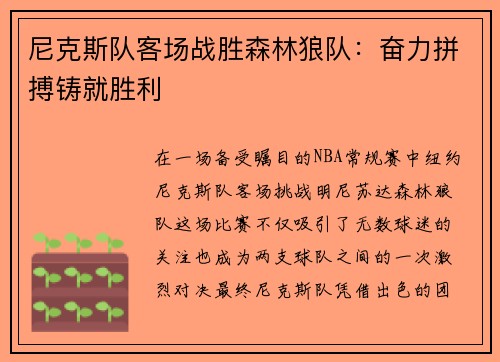 尼克斯队客场战胜森林狼队：奋力拼搏铸就胜利